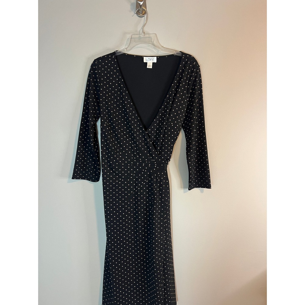 Ann Taylor LOFTโ Black Polka Dot Wrap Dress V-Neck 3/4 Sleeve Womens 10